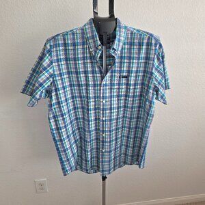CHAPS MENS SIZE L SHORT SLEEVE EASY CARE BLUE, YELLOW AND WHITE PLAID SHIRT
